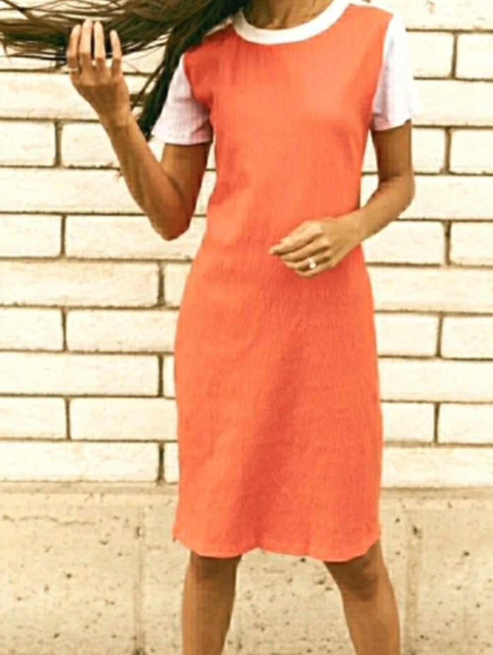 Roolee Coral Midi Shift Dress with White Trim and Lavender Sleeves *3/$30 Sale*